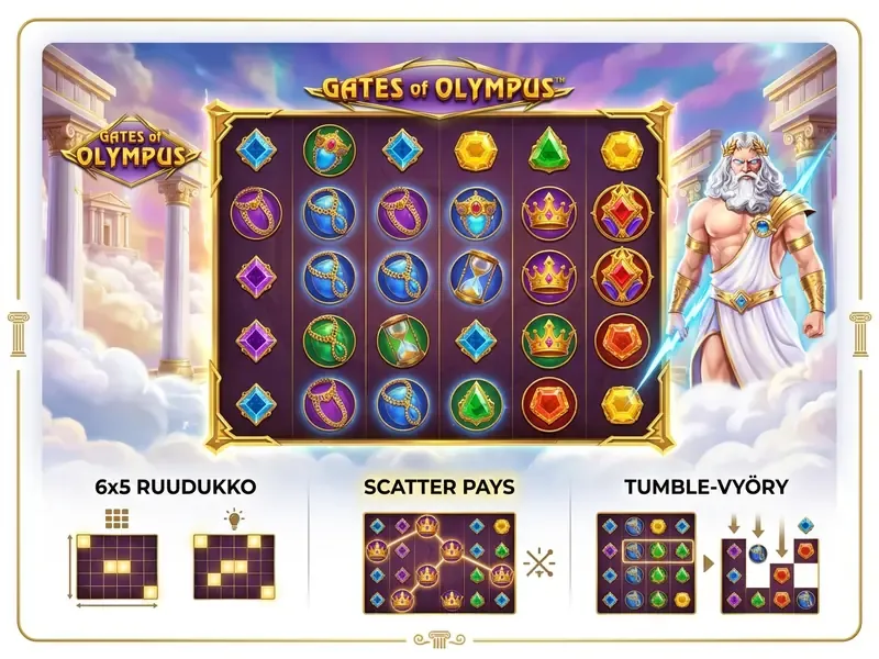 Gates of Olympus kolikkopelin mekaniikka ja 6x5 ruudukko